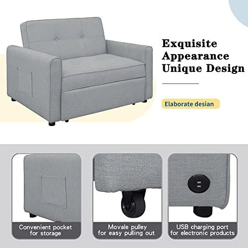 G 488243 Convertible Sleeper Sofa Bed MultiFunctional Adjustable Single Bed Chair With USB Port And 2 Pillows For Small Space Grey