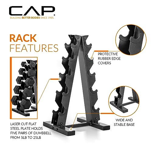 Cap Barbell 150 Lb Coated Hex Dumbbell Weight Set With Vertical Rack, Black