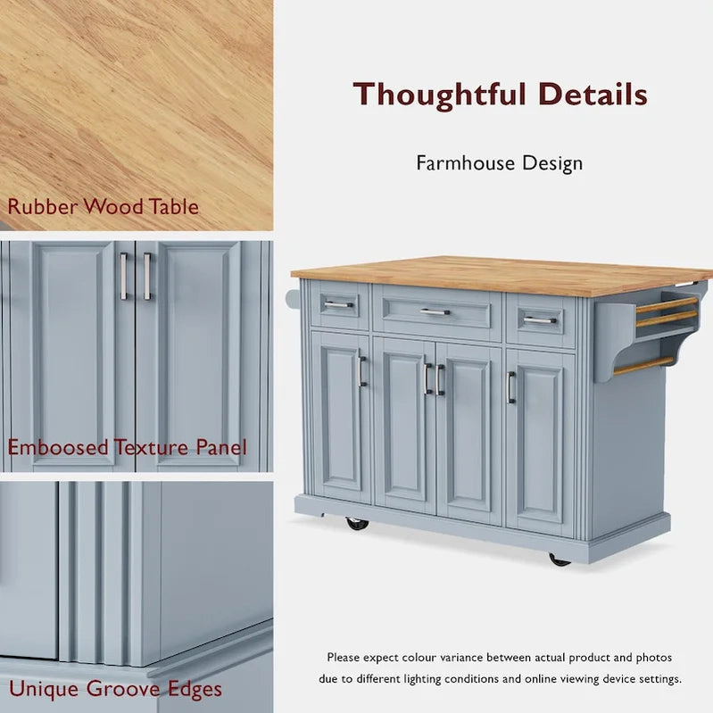 54 Large Kitchen Island With Rubber Wood Drop Leaf, Embossed Texture Rolling Kitchen Cart On 4 Wheels With 4 Doors And 3 Drawers