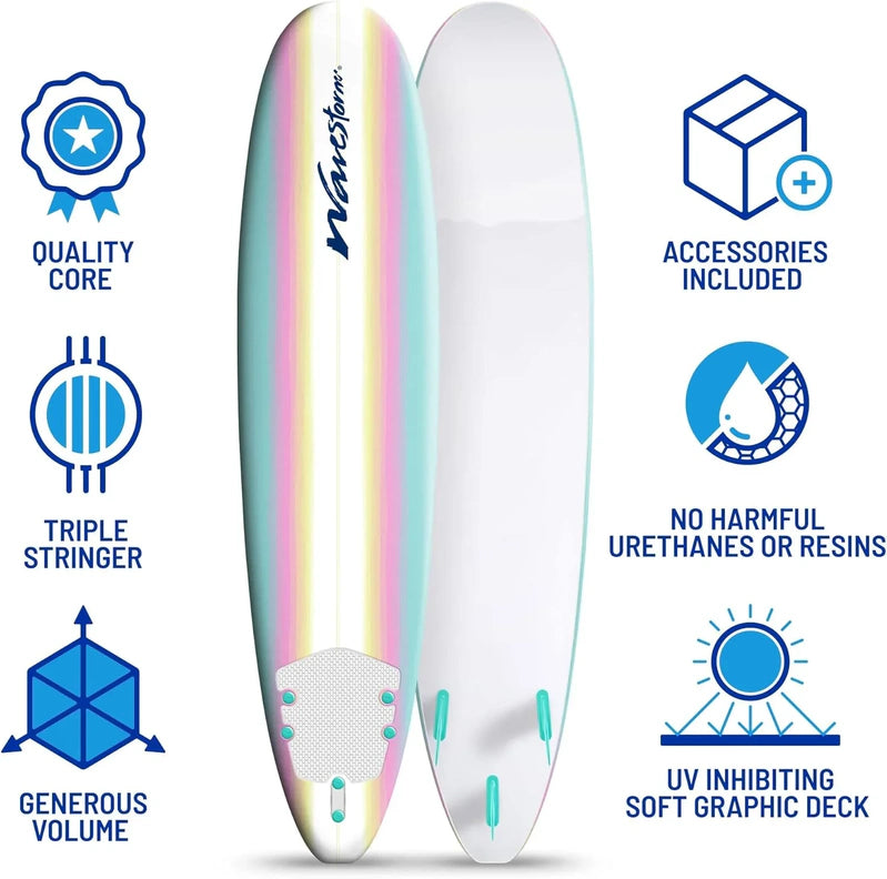 Wavestorm 8 Ft. Classic Surfboard//Foam Wax Free Soft Top Longboard For Adults And Kids Of All Levels Of Surfing