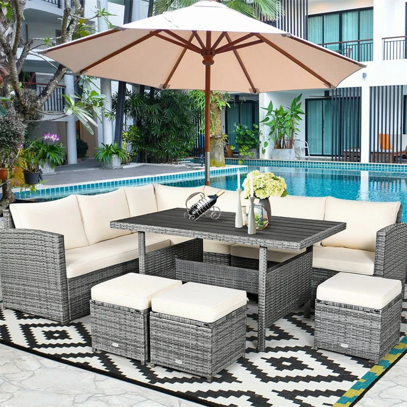 7 Pcs Rattan Patio Dining Furniture Sectional Sofa Set With Dining Table, Ottomans And Cushions