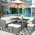 7 Pcs Rattan Patio Dining Furniture Sectional Sofa Set With Dining Table, Ottomans And Cushions