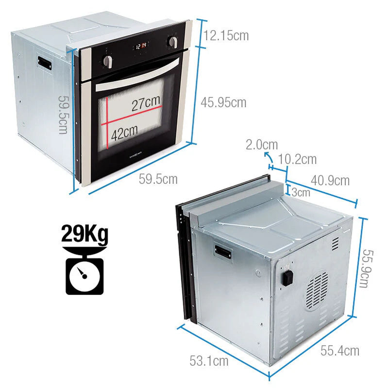 EuroChef 60cm Stainless Built-In 70L Grill 8 Function Fan Forced Electric Wall Oven
