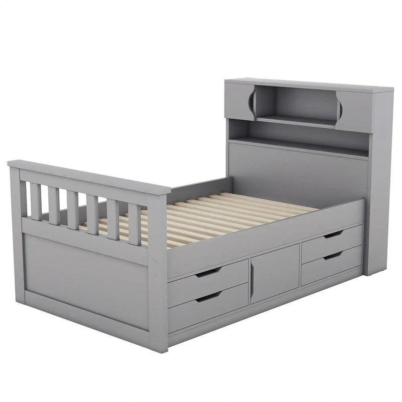 Twin/Full Size Captain Platform Bed With 4 Drawers And Storage Shelves, Solid Wood Bed Frame With Storage Bookcase Headboard