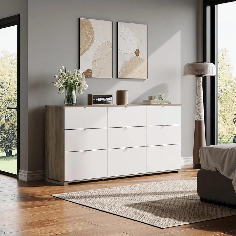 9 Drawer LED Dresser For Bedroom, 58.35 In. Wide Wood Dresser Storage Organizer With Power Outlets For 65 In. TV, Dressers With Open Shelves