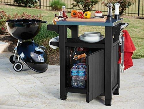 Keter Unity Portable Outdoor Table And Storage Cabinet With Hooks For Grill Accessories-Stainless Steel Top For Patio Kitchen Island Or Bar Cart