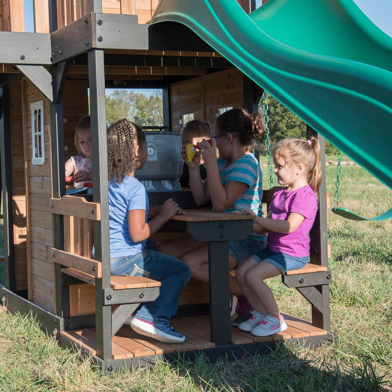 Backyard Discovery Canyon Creek Cedar Wood Swing Set With Wave Slide, Clubhouse, Play Kitchen, Picnic Area, Belt Swings, Web Swing, Rock Wall
