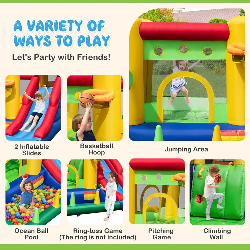 Costway Colorful Rainbow Kids Inflatable Bounce Castle With 50 Ocean Balls And 735W Blower