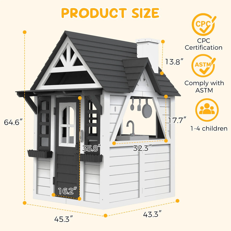 Coclub Outdoor Playhouse For Kids Ages 4-8, Wooden Play House With Doorbell, Phone, Kitchen Toys, Outdoor Kids Play Equipment, Casa Para Ni As