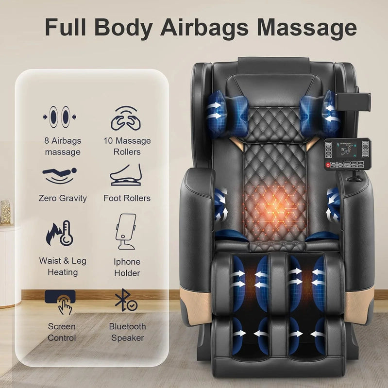 Massage Chair Full Body, Zero Gravity Massage Chair With 10 Fix Rollers, Heating, Foot Massage, Auto Modes, Bluetooth Speaker