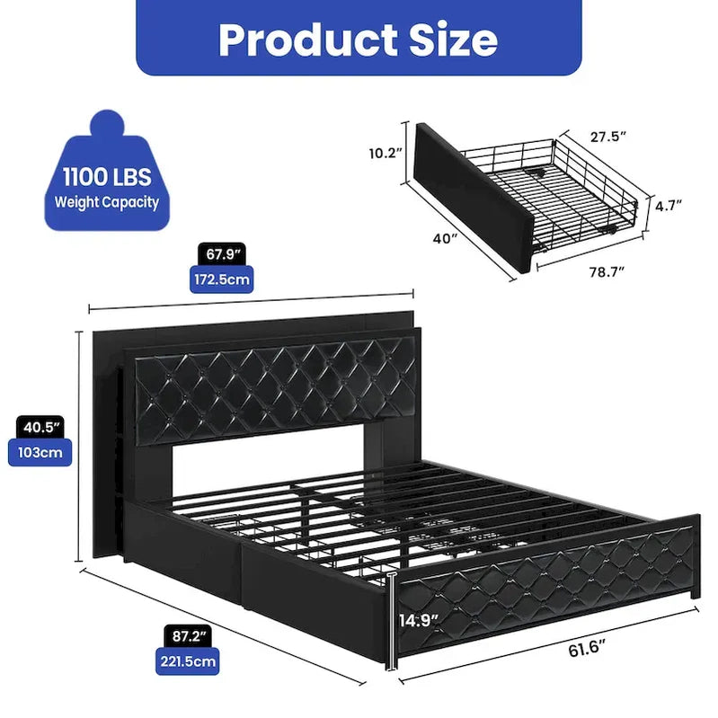 Moasis Queen Size PU Bed Frame LED Upholstered Platform Bed Frame