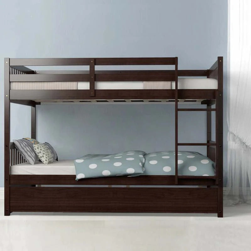 Solid Wood Full Over Full Bunk Bed Frame With Trundle, Safety Ladder And Guardrails, Convertible Bunk Bed For Kids Teens