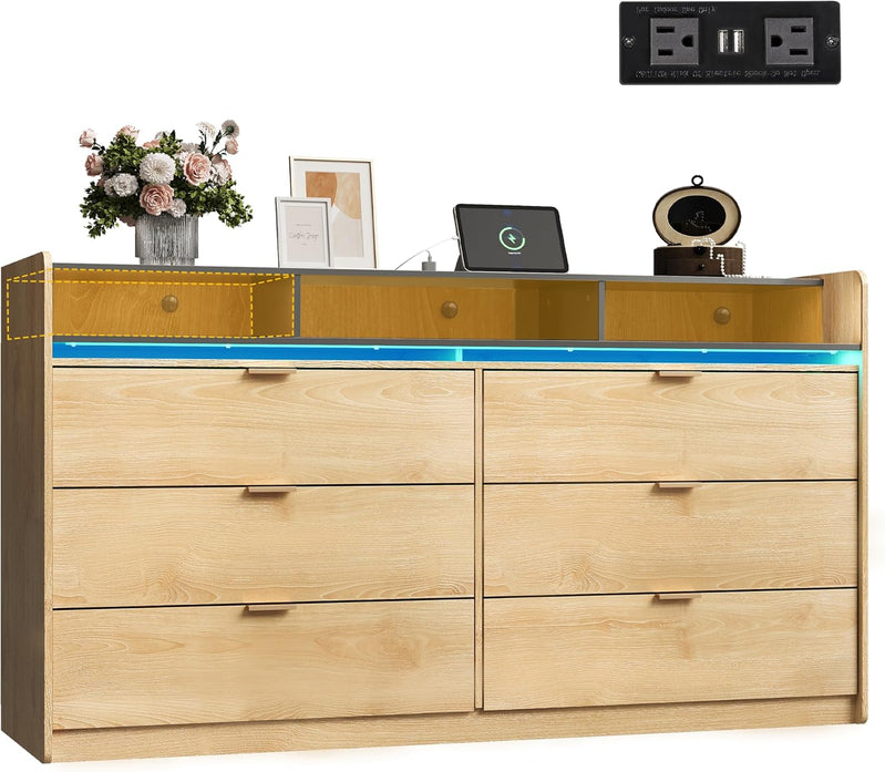 9 Drawer LED Dresser For Bedroom, 58.35 In. Wide Wood Dresser Storage Organizer With Power Outlets For 65 In. TV, Dressers With Open Shelves