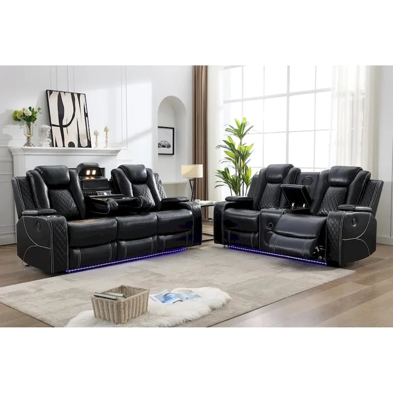 Power Reclining Sofa With Wireless Charger, Reading Light For Living Room, Faux Leather LED Light, AC/USB Port, Cup Holder, Black