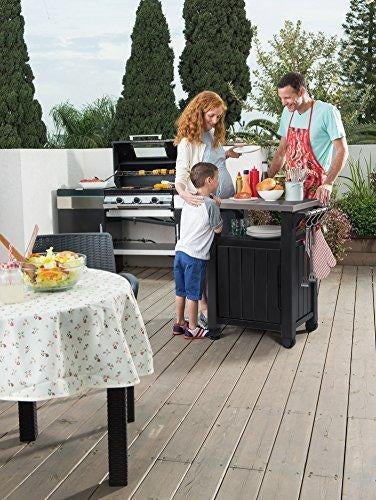 Keter Unity Portable Outdoor Table And Storage Cabinet With Hooks For Grill Accessories-Stainless Steel Top For Patio Kitchen Island Or Bar Cart