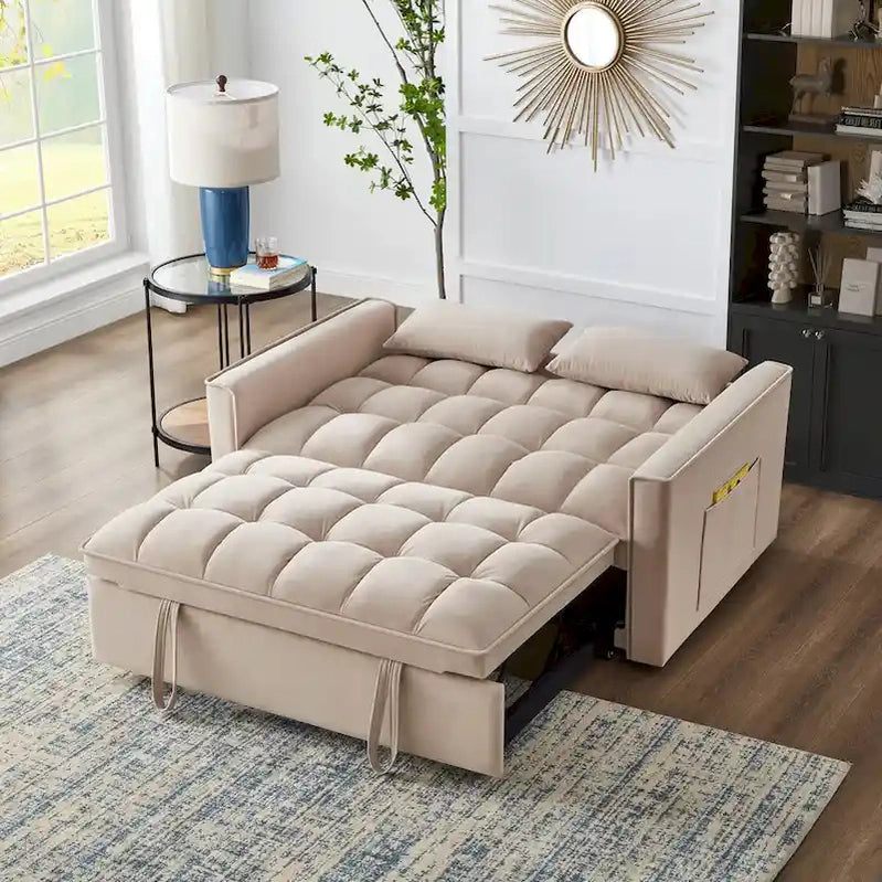 4-in-1 Pull-Out Sleeper Sofa Bed, Loveseat In Velvet-Convertible Couch Bed With Reclining Backrest,2 Side Pockets