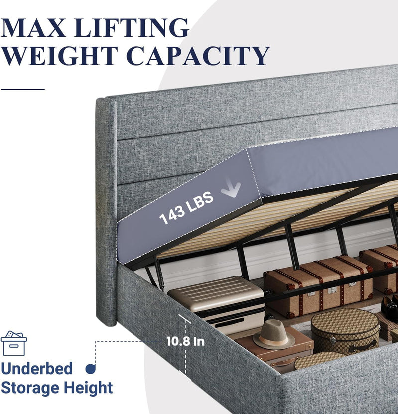 Allewie Queen Size Lift Up Storage Bed, Modern Wingback Headboard, Hydraulic Support, No Box Spring Needed, Light Beige