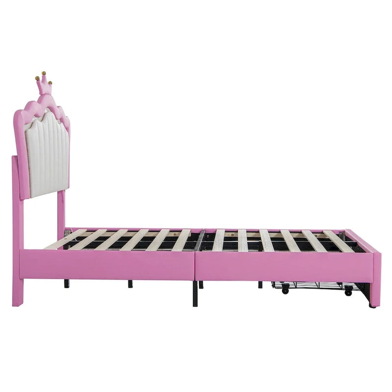 Twin Size Upholstered Bed Frame With LED Lights, Modern Upholstered Princess Bed With Crown Headboard, A Drawer, Pink Plus White