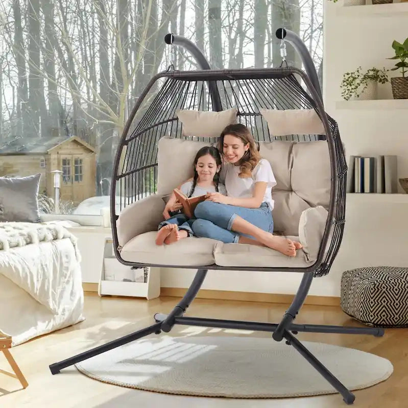 Outdoor Swing Loveseat With Stand, Foldable Hanging Chair, Hammock Cushion, And Awning, Double Egg Chair, Beige