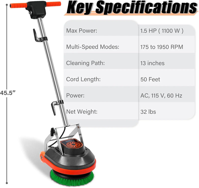 Commercial Floor Scrubber Machine With Brushes And Pads, Heavy Duty Floor Buffer Polisher And Cleaner, Deep Cleaning Tile And Grout
