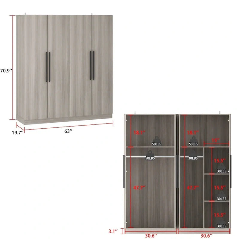 Modern Freestanding Solid Wood Wardrobe Closet With Storage Shelves