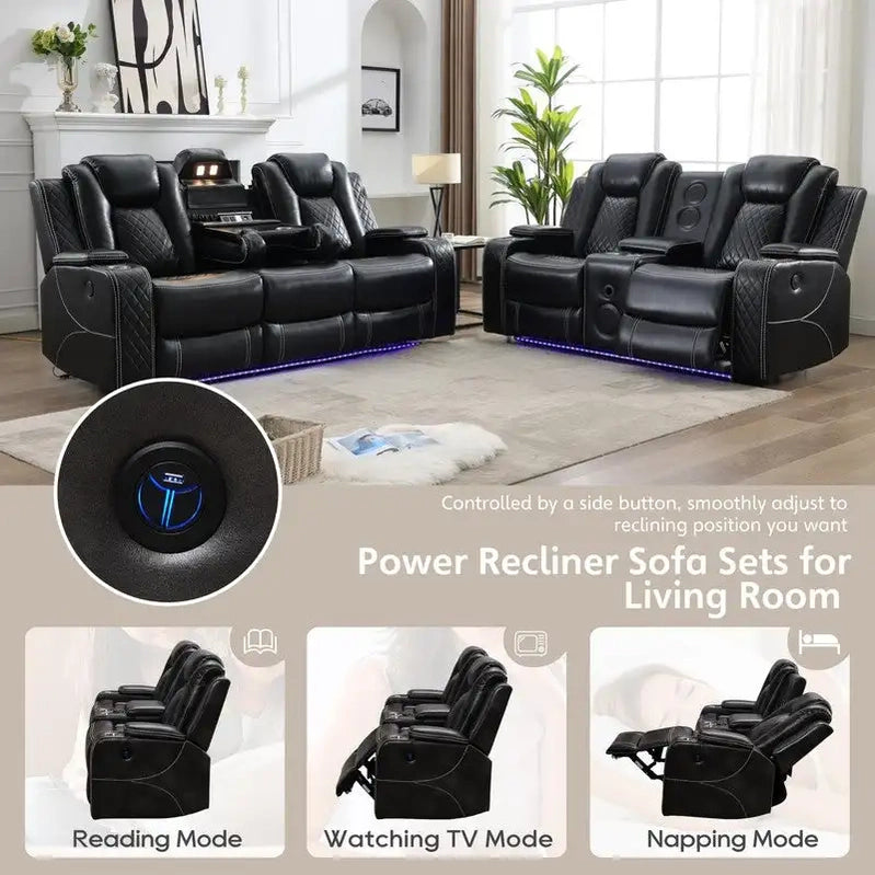 Power Reclining Sofa With Wireless Charger, Reading Light For Living Room, Faux Leather LED Light, AC/USB Port, Cup Holder, Black