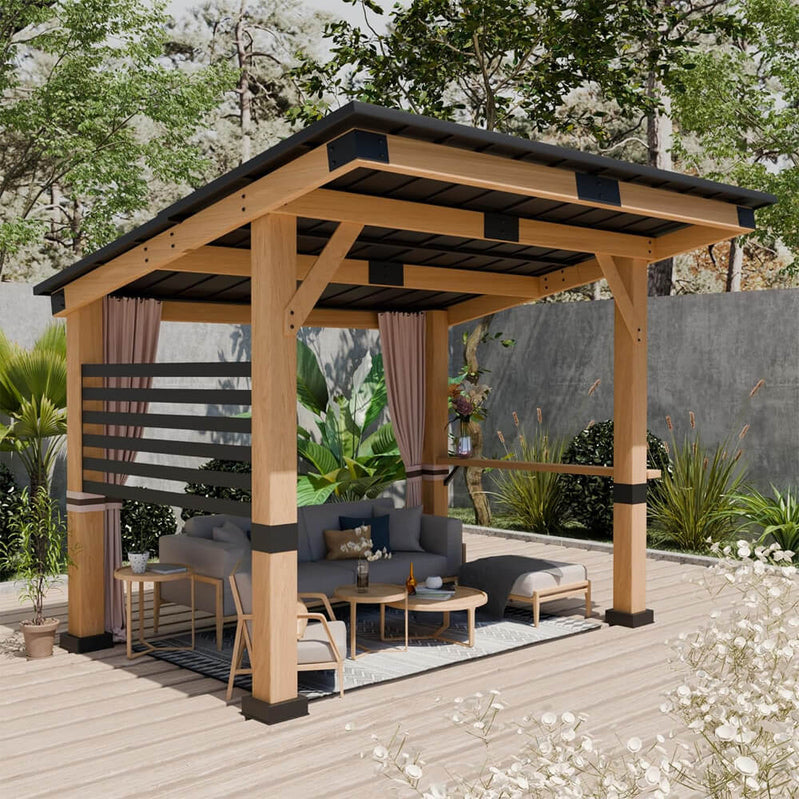 10x12FT Heavy Duty Premium Outdoor All-Season Wooden Cedar Hardtop Gazebo With Metal Roof And Back Curtains, SAK57184