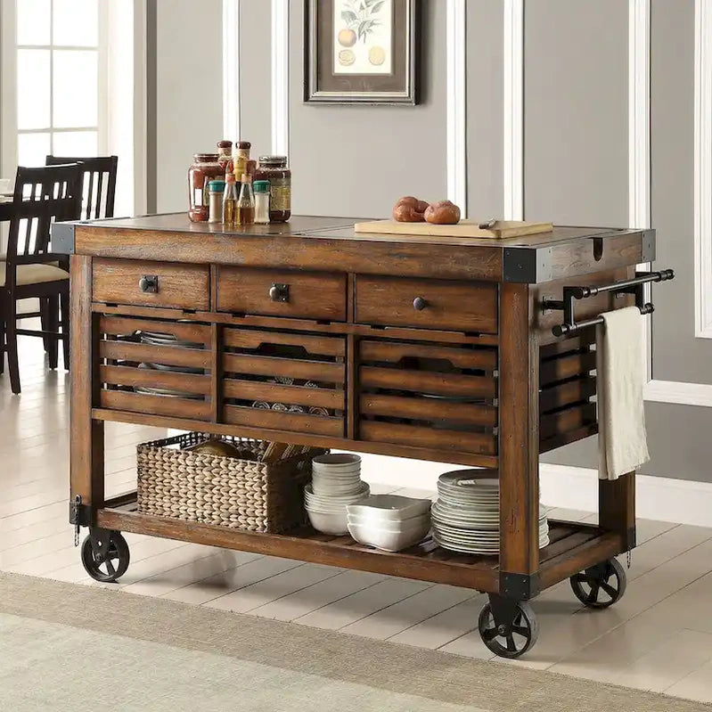 Kitchen Cart With 3 Drawers In Distressed Chestnut