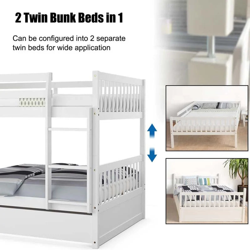 Solid Wood Full Over Full Bunk Bed Frame With Trundle, Safety Ladder And Guardrails, Convertible Bunk Bed For Kids Teens