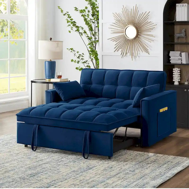 4 in1 Loveseat Sofa Bed With Armrests And Storage Pockets, Multi-Function Tufted Pull-Out Sofa Bed With Adjustable Backrest