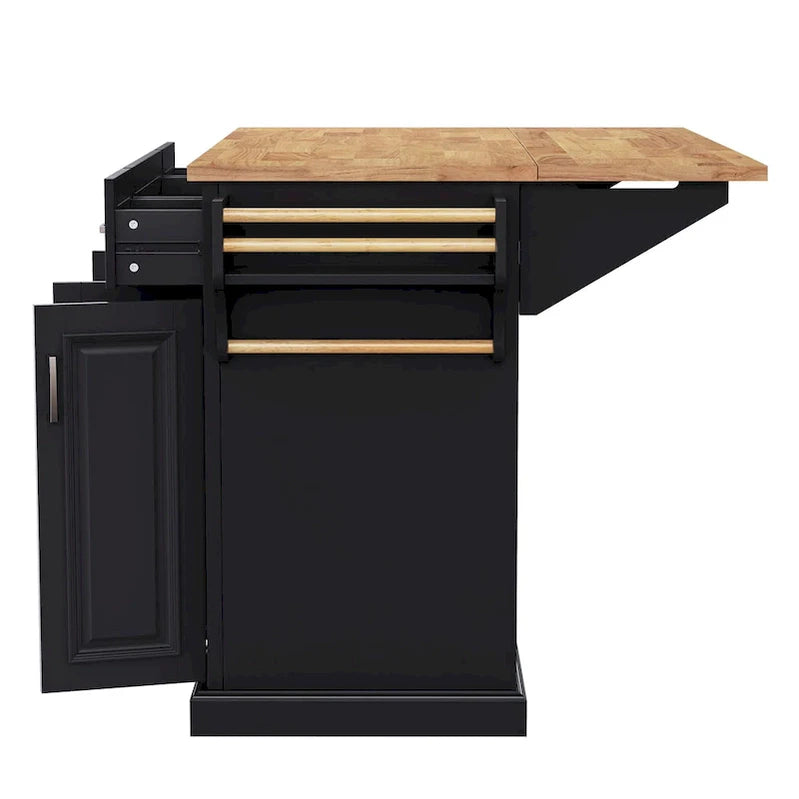 54 Large Kitchen Island With Rubber Wood Drop Leaf, Embossed Texture Rolling Kitchen Cart On 4 Wheels With 4 Doors And 3 Drawers