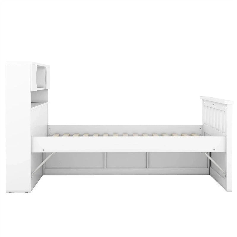 Twin/Full Size Captain Platform Bed With 4 Drawers And Storage Shelves, Solid Wood Bed Frame With Storage Bookcase Headboard