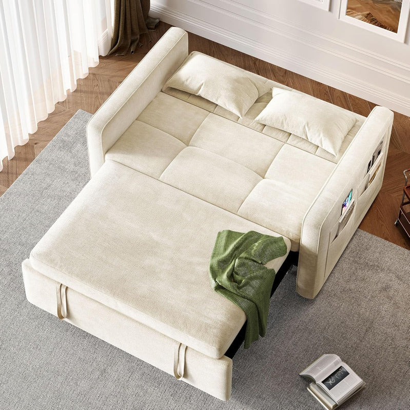3-in-1 Convertible Sofa Bed, 55 In. Sleeper Sofa With Pull-Out Bed, Cat-Scratch-Proof Fabric Futon Couch With Adjustable Backrest And Side Pocket