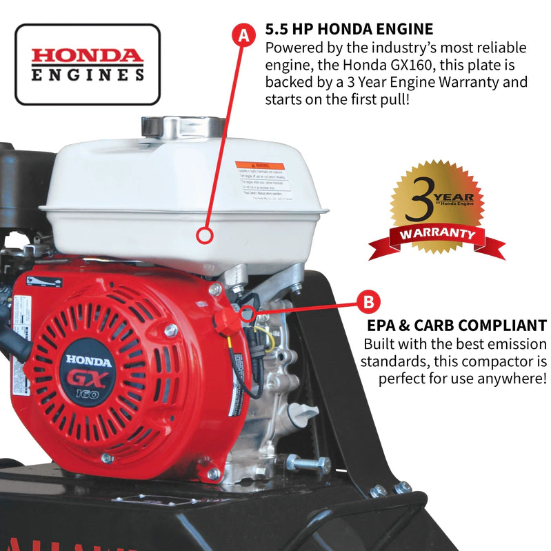 Tomahawk Power Plate Compactor 5.5 HP, 3000 Lbs/Ft, 63cc, Gas, 17 x 13 Plate Compactor, 5900 Vpm