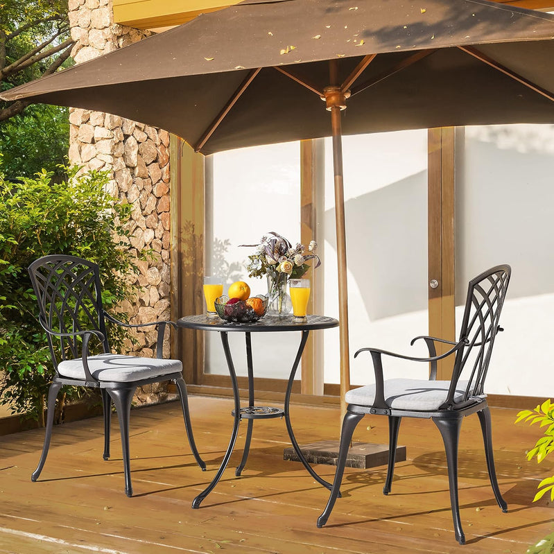 Nuu Garden Bistro Set 3 Piece Outdoor Cast Aluminum Patio Bistro Set Patio Table And Chairs Set Of 2 With Umbrella Hole And Gray Cushions, Black