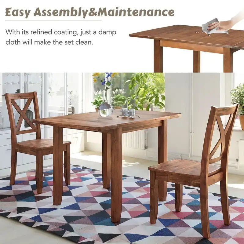 3-Piece Wood Drop Leaf Breakfast Nook Dining Table Set With 2 x-Back Chairs For Small Places