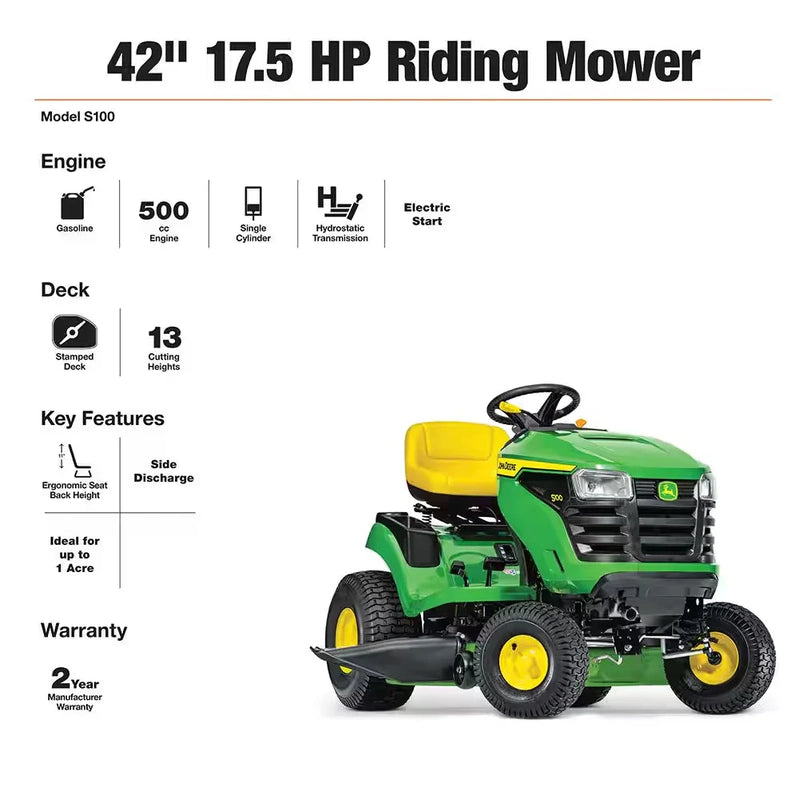 John Deere S100 Ride-On Lawnmower, 107 Cm, 42 In. Cutting Width C 17.5 Hp Petrol Hydrostatic Drive