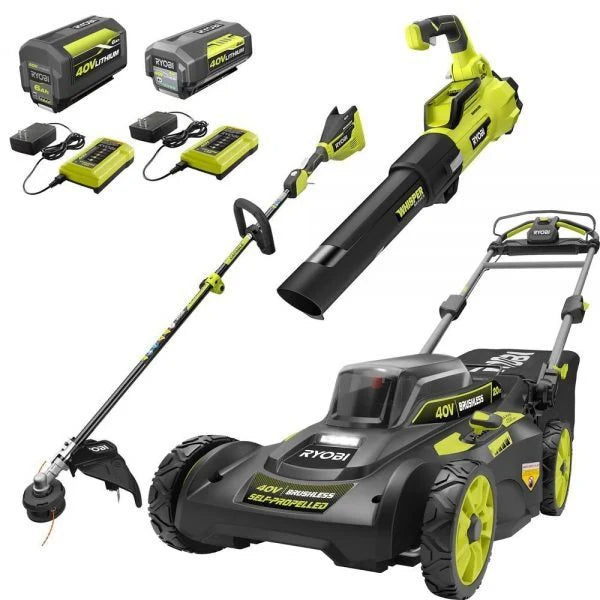 40V Brushless 20-inch Self-Propelled Hand Lawn Mower, Grass Trimmer And Leaf Blower With 2 Batteries And 2 Chargers