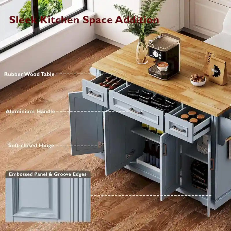 54 Large Kitchen Island With Rubber Wood Drop Leaf, Embossed Texture Rolling Kitchen Cart On 4 Wheels With 4 Doors And 3 Drawers
