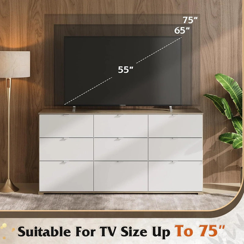 9 Drawer LED Dresser For Bedroom, 58.35 In. Wide Wood Dresser Storage Organizer With Power Outlets For 65 In. TV, Dressers With Open Shelves