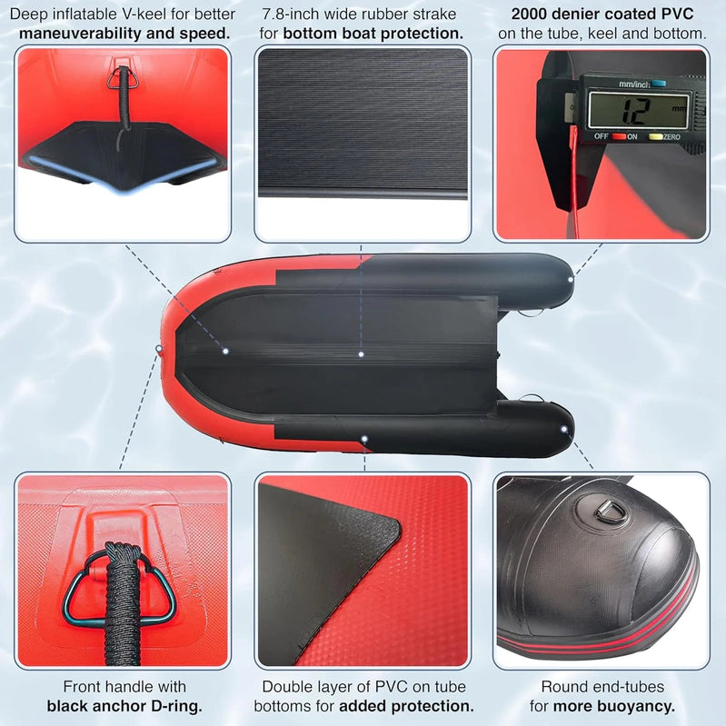 Inflatable Boat, Yacht Dinghy Tender Raft, Multi Person Fishing Boat, Aluminum Floor Oars, Fishing Rod Holders, Heavy-Duty PVC, 2024 Model