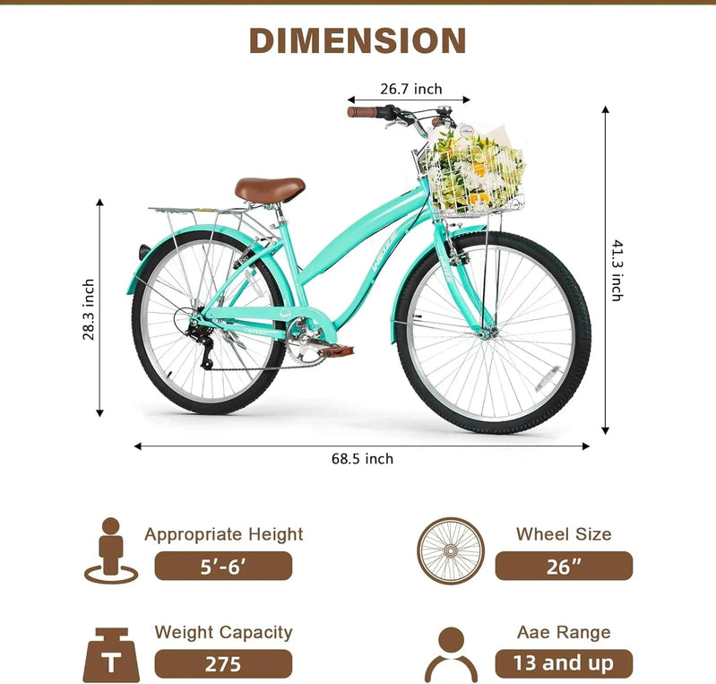 Weize Beach Cruiser Bike 26 In. Commuter Bicycle For Adult Men And Women 7-Speed/High-Carbon