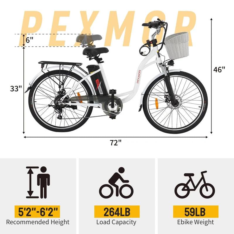 Pexmor Electric Bike For Adults, 350W, Peak 500W City Commuter Ebike 36V 12.5Ah Removable Battery