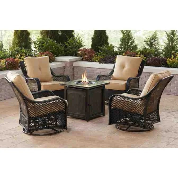 5-piece Steel Patio Fire Pit Seating Set With Navy Blue Cushions, Swivel Gliders And Square Fire Pit Table