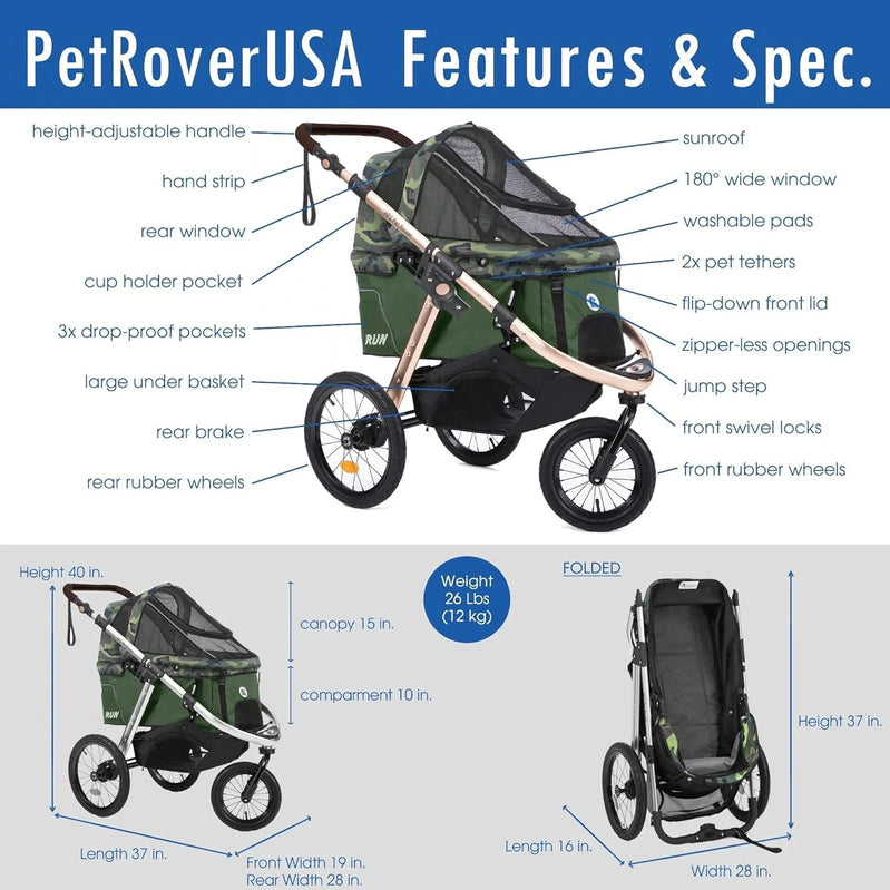 Jogging Sports Stroller With Comfort Rubber Wheels/Zipper-Less Entry/1-Hand Quick Fold/Aluminum Frame For Small/Medium Dogs, Cats And Pets, Green Camo