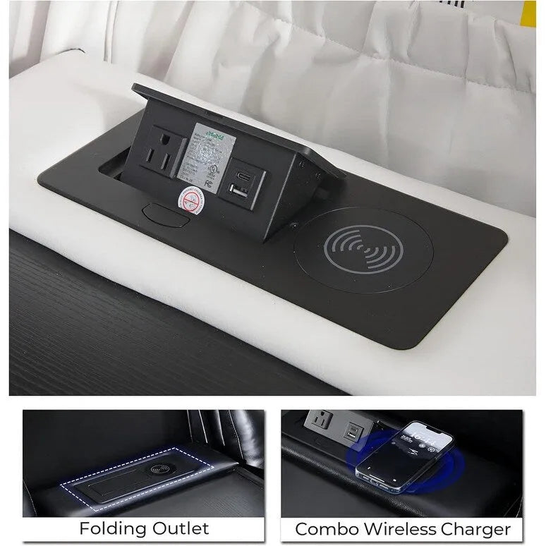 Power Reclining Sofa With Wireless Charger, Reading Light For Living Room, Faux Leather LED Light, AC/USB Port, Cup Holder, Black