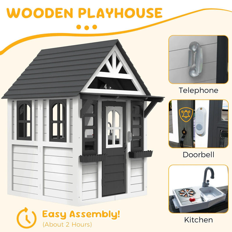 Coclub Outdoor Playhouse For Kids Ages 4-8, Wooden Play House With Doorbell, Phone, Kitchen Toys, Outdoor Kids Play Equipment, Casa Para Ni As