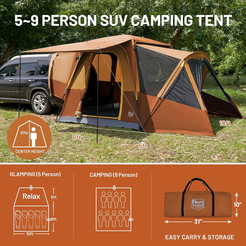 Timber Ridge 5-9 Person SUV Tent With Screen Porch And Awning For Family Camping, Weather Resistant And Portable Van Or Car Tent