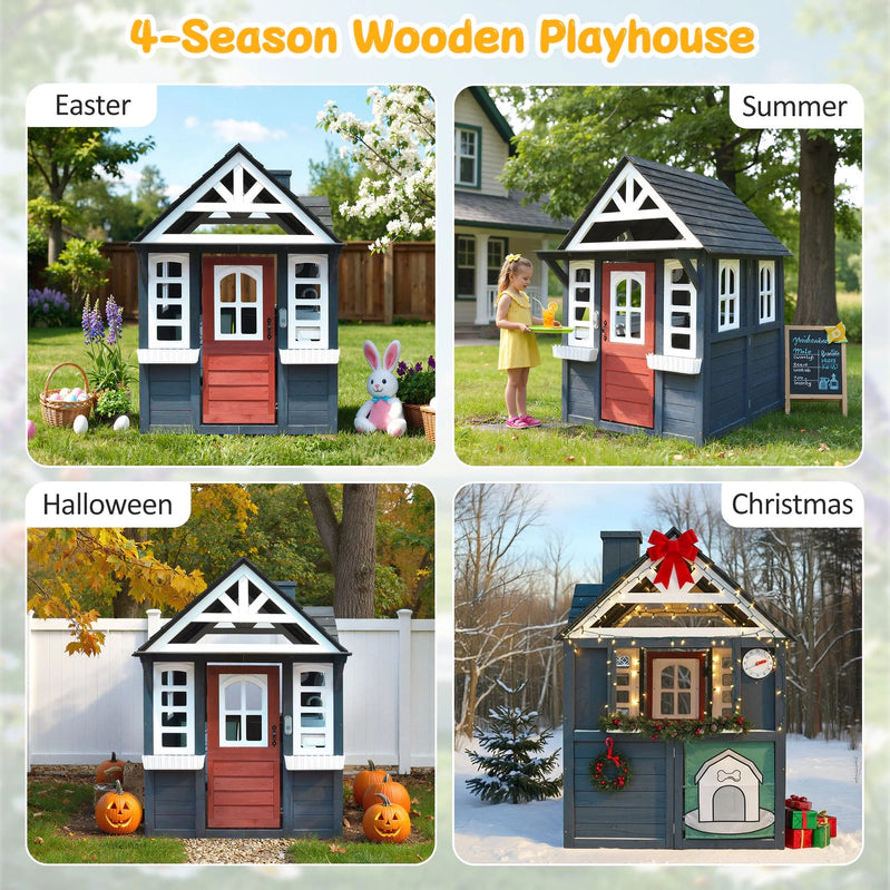 Coclub Outdoor Playhouse For Kids Ages 4-8, Wooden Play House With Doorbell, Phone, Kitchen Toys, Outdoor Kids Play Equipment, Casa Para Ni As