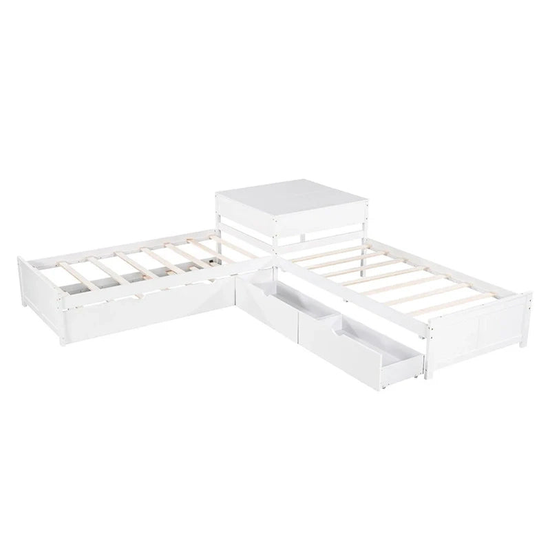 White Modern Twin Size L-Shaped Platform Bed With Trundle And Drawers For Bedroom